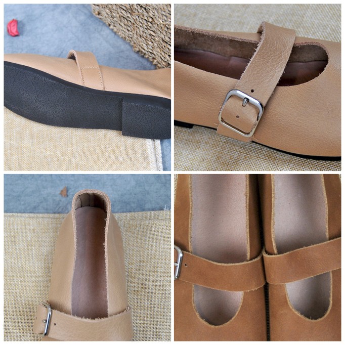 Handmade Women'S Calf Leather Mary Jane Shoes Round Toe Soft Sole Buckle Slip On Black/Beige/Faint Yellow