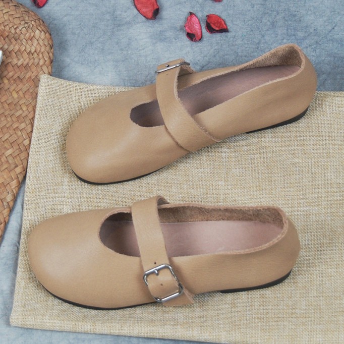 Handmade Women'S Calf Leather Mary Jane Shoes Round Toe Soft Sole Buckle Slip On Black/Beige/Faint Yellow