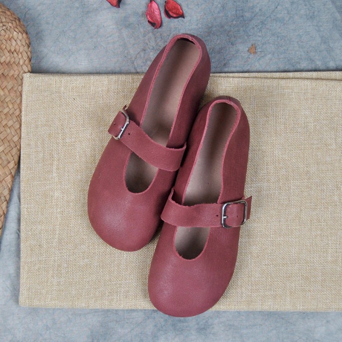 Handmade Women'S Calf Leather Mary Jane Shoes Round Toe Soft Sole Buckle Slip On Black/Beige/Faint Yellow