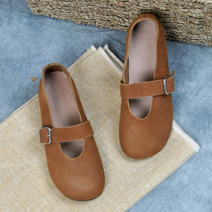 Handmade Women'S Calf Leather Mary Jane Shoes Round Toe Soft Sole Buckle Slip On Black/Beige/Faint Yellow