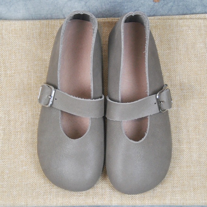 Handmade Women'S Calf Leather Mary Jane Shoes Round Toe Soft Sole Buckle Slip On Black/Beige/Faint Yellow