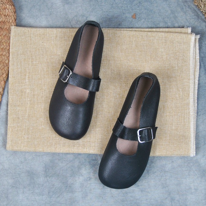 Handmade Women'S Calf Leather Mary Jane Shoes Round Toe Soft Sole Buckle Slip On Black/Beige/Faint Yellow