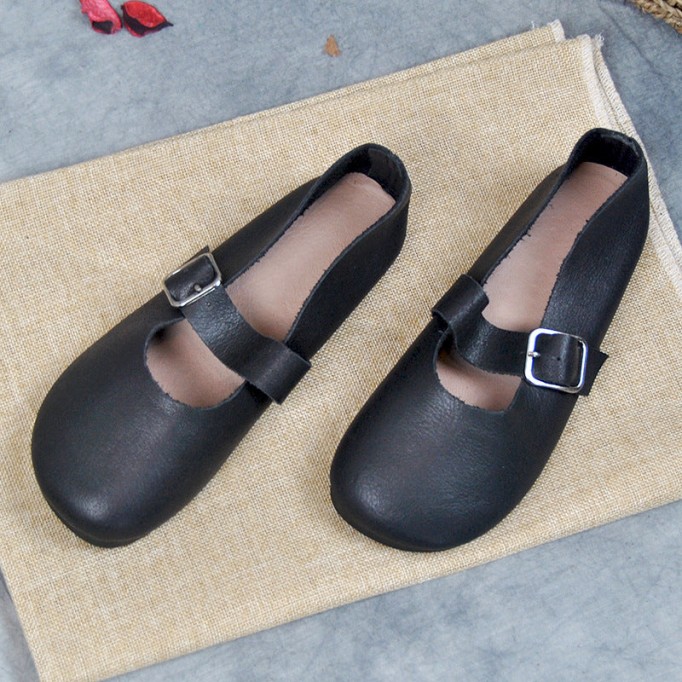 Handmade Women'S Calf Leather Mary Jane Shoes Round Toe Soft Sole Buckle Slip On Black/Beige/Faint Yellow