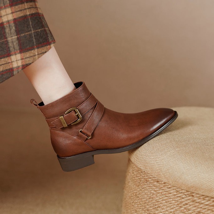 Classic Women's Leather Chelsea Boots Buckle Decorate and Side Zip in Black/Brown