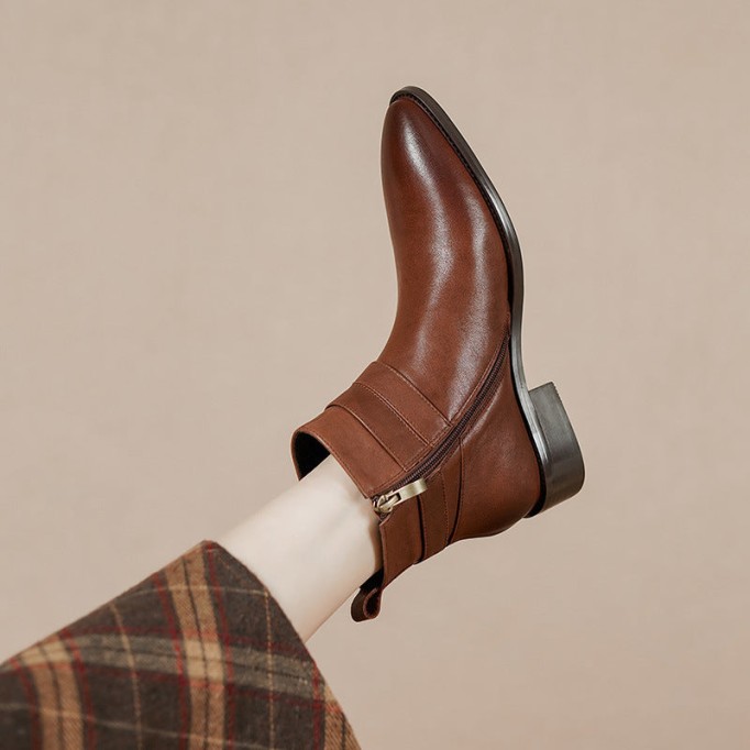 Classic Women's Leather Chelsea Boots Buckle Decorate and Side Zip in Black/Brown