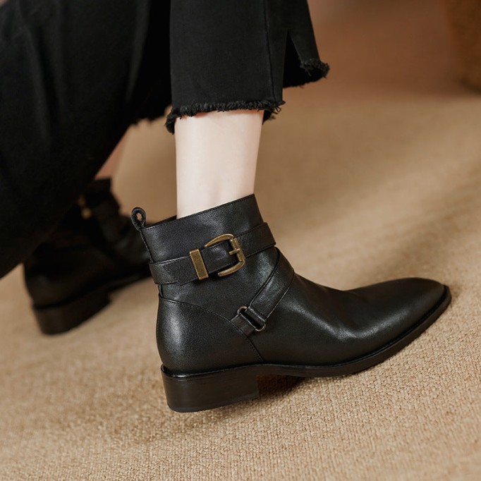 Classic Women's Leather Chelsea Boots Buckle Decorate and Side Zip in Black/Brown