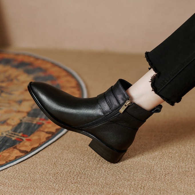 Classic Women's Leather Chelsea Boots Buckle Decorate and Side Zip in Black/Brown