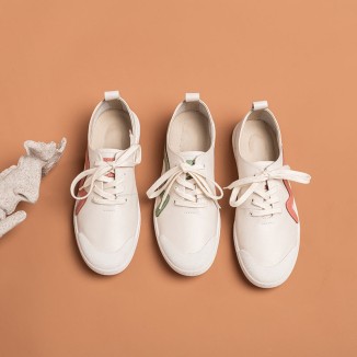 Handmade Soft Leather white shoes for women Lace up Sneakers Designer Shoes Red/Green/Yellow