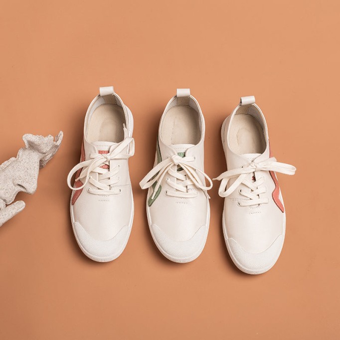 Handmade Soft Leather white shoes for women Lace up Sneakers Designer Shoes Red/Green/Yellow