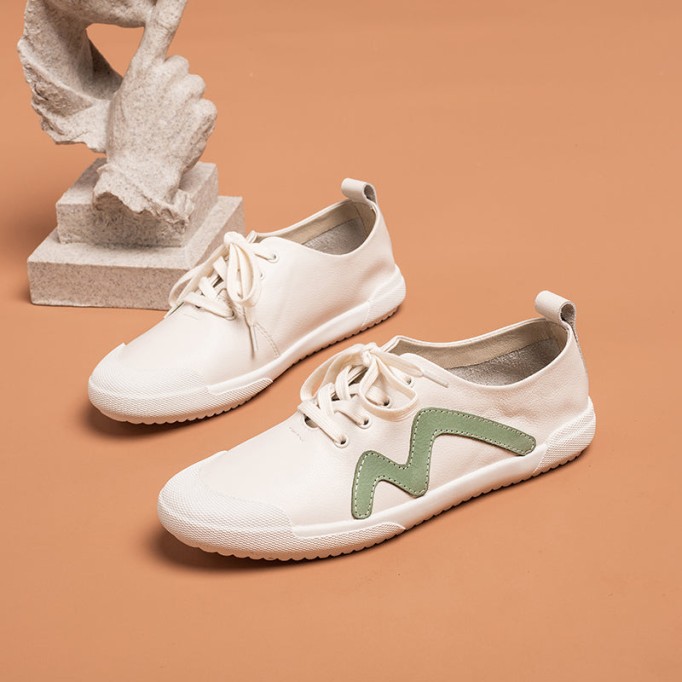 Handmade Soft Leather white shoes for women Lace up Sneakers Designer Shoes Red/Green/Yellow