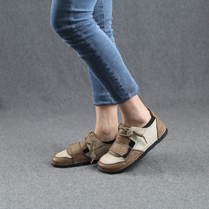 2021 Designer Shoes Oxford Lace Up Shoes Color Block Mori Girl Handmade Leather Shoes Blue/Apricot