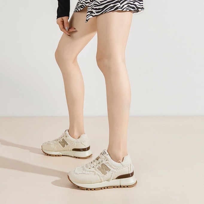 Canvas and Suede Leather Sneakers For Women in Khaki