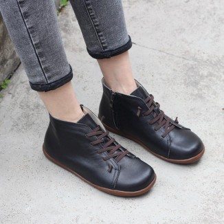 Retro Women Leather Ankle Boots Casual Walking Boots Soft Sole Flats Loafers