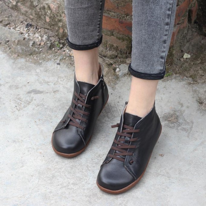 Retro Women Leather Ankle Boots Casual Walking Boots Soft Sole Flats Loafers