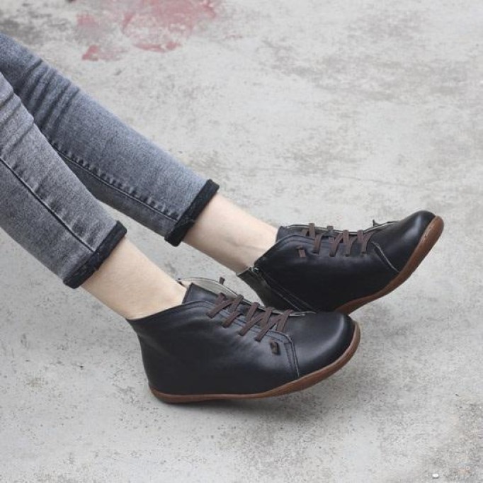 Retro Women Leather Ankle Boots Casual Walking Boots Soft Sole Flats Loafers