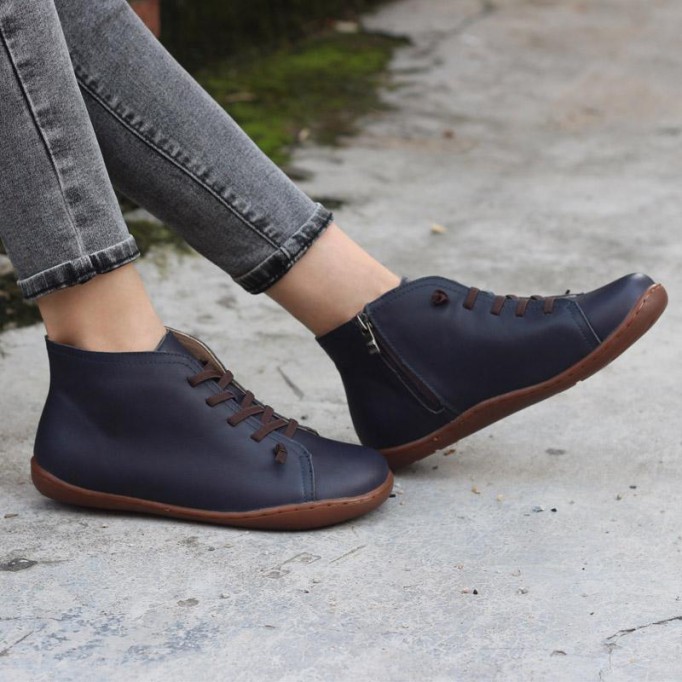 Retro Women Leather Ankle Boots Casual Walking Boots Soft Sole Flats Loafers