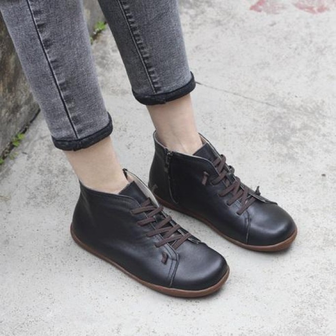 Retro Women Leather Ankle Boots Casual Walking Boots Soft Sole Flats Loafers