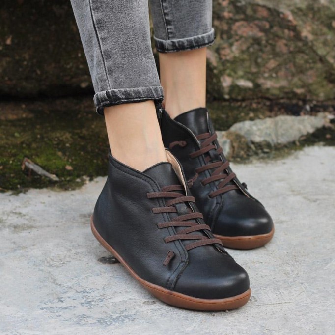 Retro Women Leather Ankle Boots Casual Walking Boots Soft Sole Flats Loafers