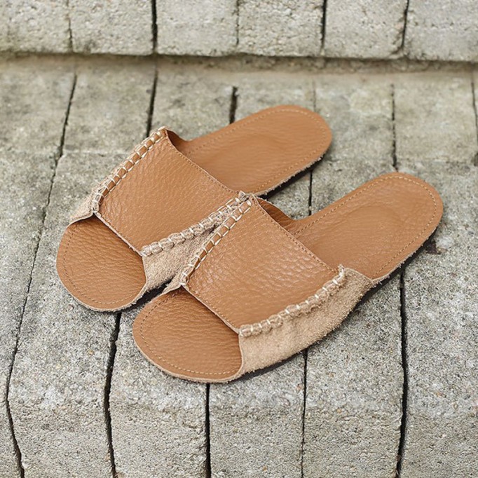 Women's Genuine Leather Slippers Hand Stitching in Brown/Khaki