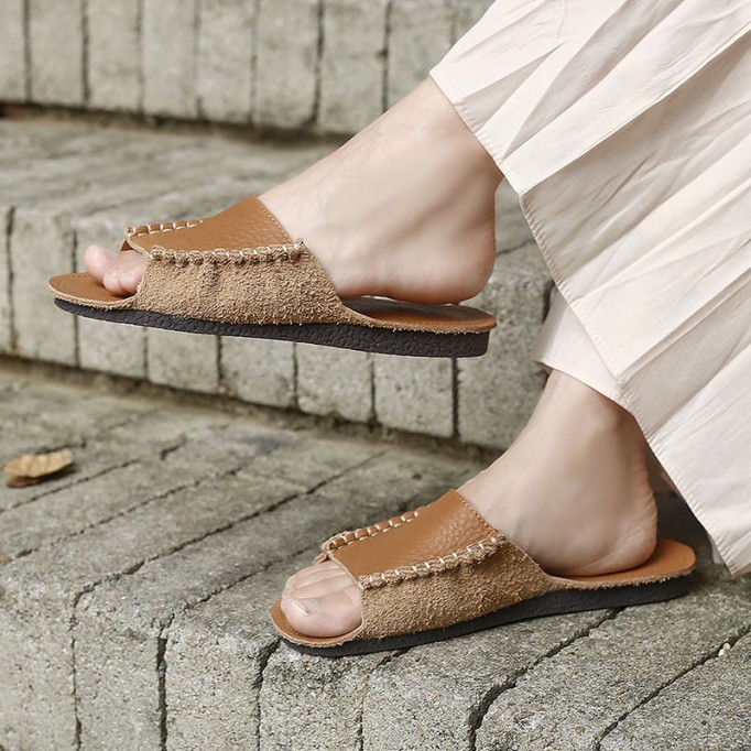 Women's Genuine Leather Slippers Hand Stitching in Brown/Khaki