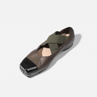 Goodyear Horse Leather Shoes For Women Colour Blocking Ballet Flats Leather Sole in Black/Green