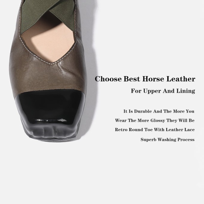 Goodyear Horse Leather Shoes For Women Colour Blocking Ballet Flats Leather Sole in Black/Green