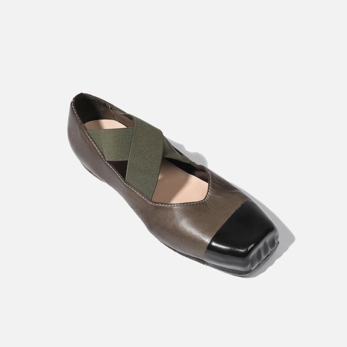 Goodyear Horse Leather Shoes For Women Colour Blocking Ballet Flats Leather Sole in Black/Green