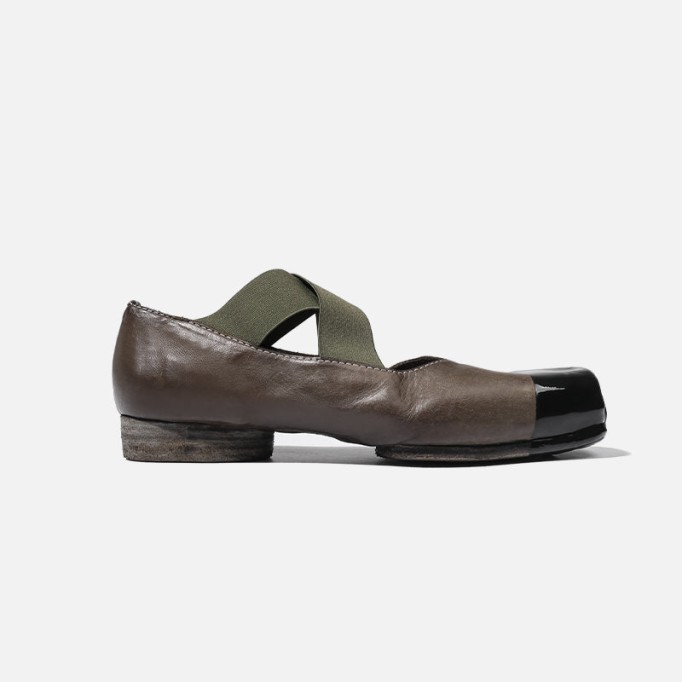 Goodyear Horse Leather Shoes For Women Colour Blocking Ballet Flats Leather Sole in Black/Green