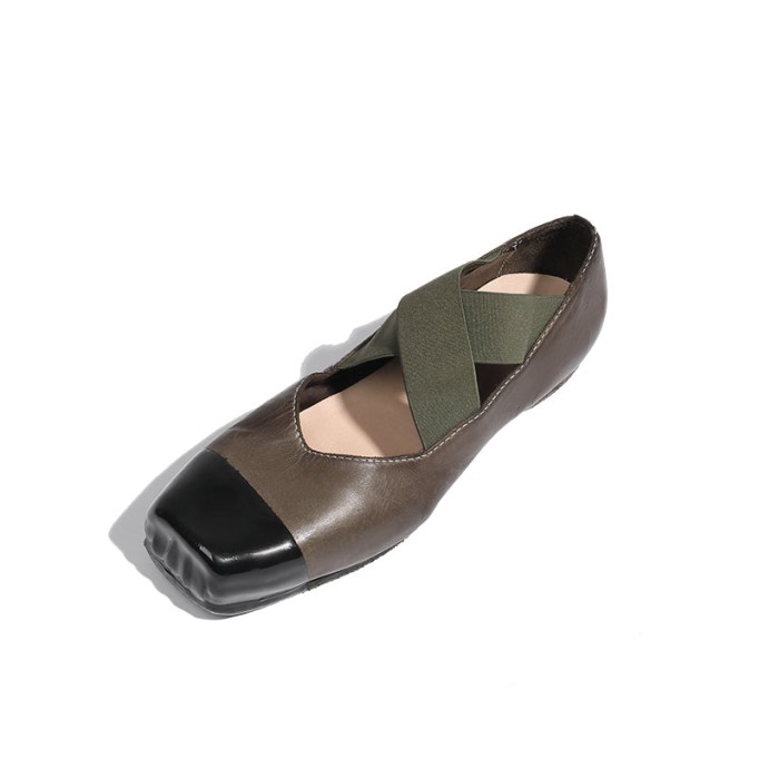 Goodyear Horse Leather Shoes For Women Colour Blocking Ballet Flats Leather Sole in Black/Green