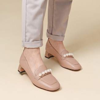 Pearls-Detailed Leather Loafers for Women Black/Bean Paste