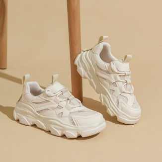 Women's Genuine Leather Chunky Sneakers in White/Apricot