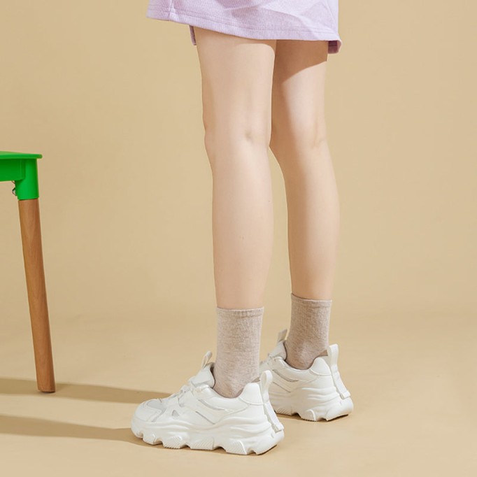 Women's Genuine Leather Chunky Sneakers in White/Apricot