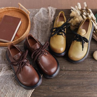 Womens Handmade Genuine Leather Chunky Platforms Flatforms Brown/Yellow