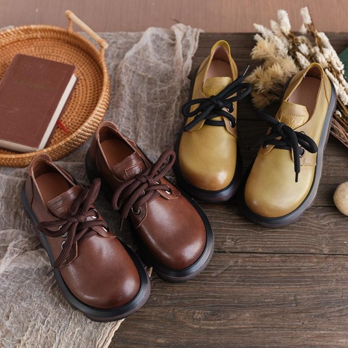 Womens Handmade Genuine Leather Chunky Platforms Flatforms Brown/Yellow
