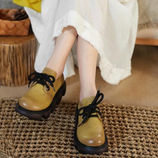 Womens Handmade Genuine Leather Chunky Platforms Flatforms Brown/Yellow