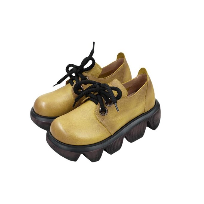 Womens Handmade Genuine Leather Chunky Platforms Flatforms Brown/Yellow