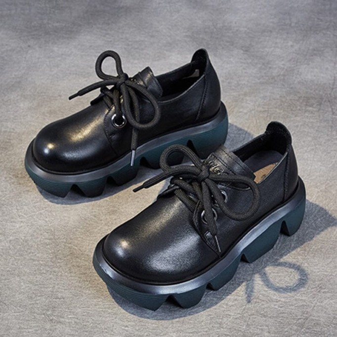 Womens Handmade Genuine Leather Chunky Platforms Flatforms Brown/Yellow