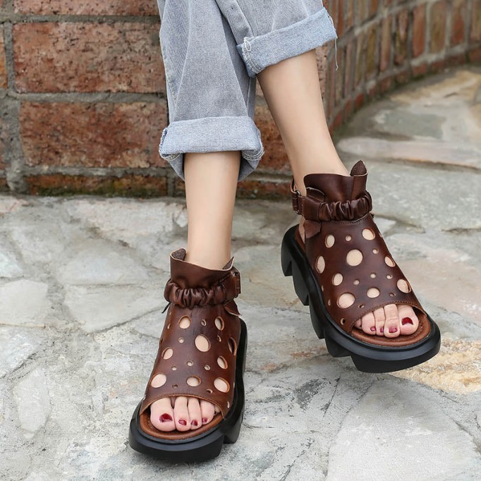 Handmade Leather Light Platform Sandals For Women Mori Girl Style Retro Flip Flops Shoesblack Black/Brown/Coffee