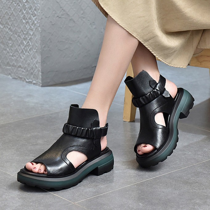 Handmade Leather Light Platform Sandals For Women Mori Girl Style Retro Flip Flops Shoesblack Black/Brown/Coffee