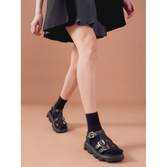 Genuine Leather Comfy Platform Sandals for Lady Buckle Flatforms Black/Beige