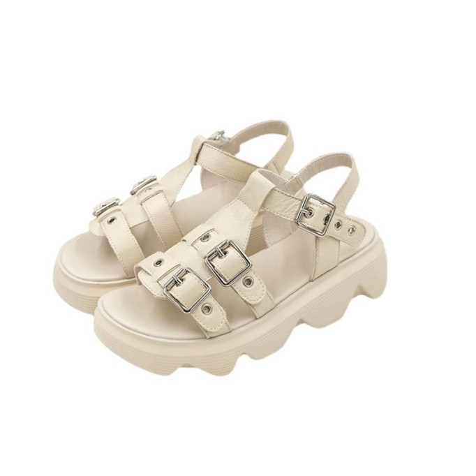 Genuine Leather Comfy Platform Sandals for Lady Buckle Flatforms Black/Beige