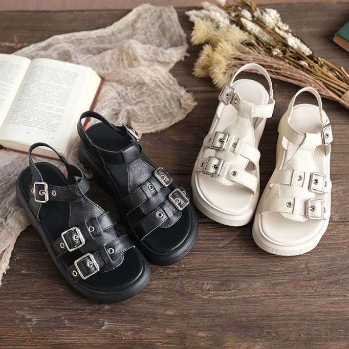 Genuine Leather Comfy Platform Sandals for Lady Buckle Flatforms Black/Beige