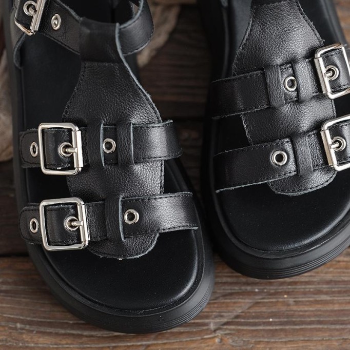 Genuine Leather Comfy Platform Sandals for Lady Buckle Flatforms Black/Beige
