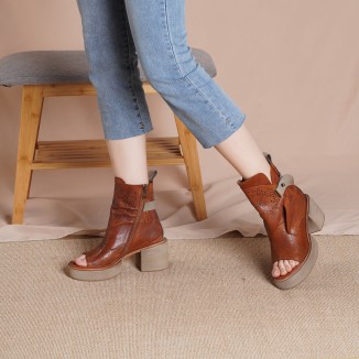 2021 Designer Summer Shoes Genuine Leather Platform Sandals Side Zip Retro Summer Shoes Open Toe Brown