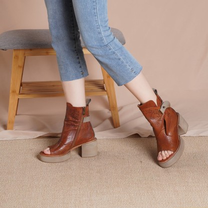 2021 Designer Summer Shoes Genuine Leather Platform Sandals Side Zip Retro Summer Shoes Open Toe Brown