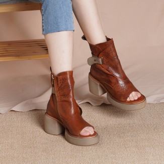2021 Designer Summer Shoes Genuine Leather Platform Sandals Side Zip Retro Summer Shoes Open Toe Brown
