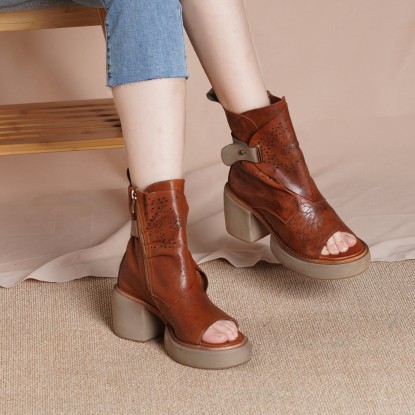 2021 Designer Summer Shoes Genuine Leather Platform Sandals Side Zip Retro Summer Shoes Open Toe Brown