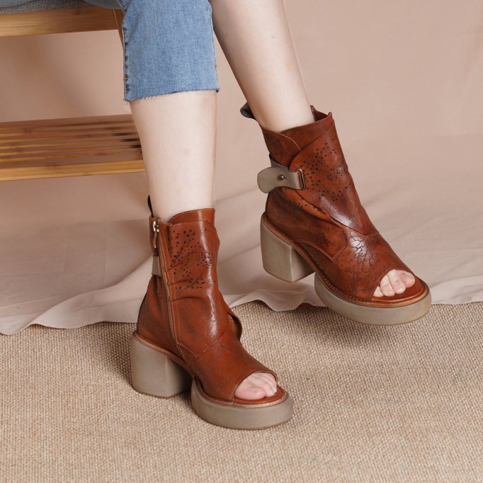 2021 Designer Summer Shoes Genuine Leather Platform Sandals Side Zip Retro Summer Shoes Open Toe Brown