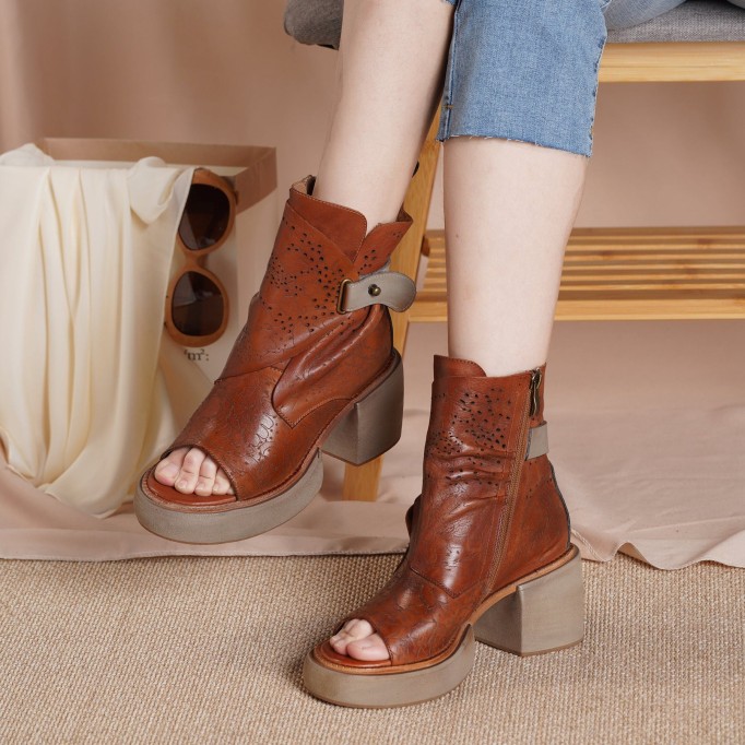 2021 Designer Summer Shoes Genuine Leather Platform Sandals Side Zip Retro Summer Shoes Open Toe Brown