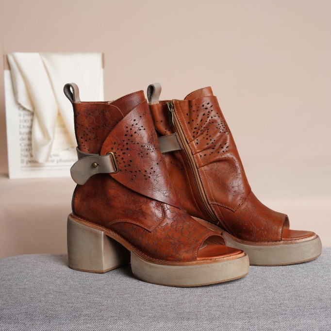 2021 Designer Summer Shoes Genuine Leather Platform Sandals Side Zip Retro Summer Shoes Open Toe Brown